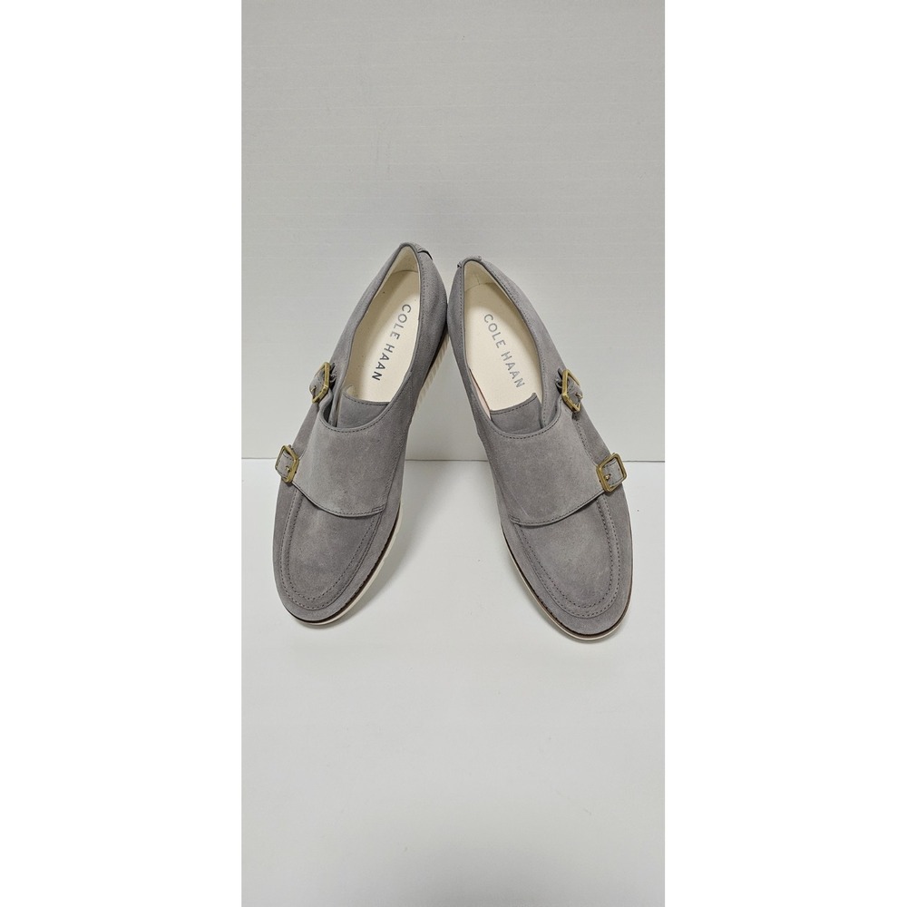 Cole Haan Double‎ Monk Loafers Womens 9.5 Gray Suede Buckle Platform Shoes